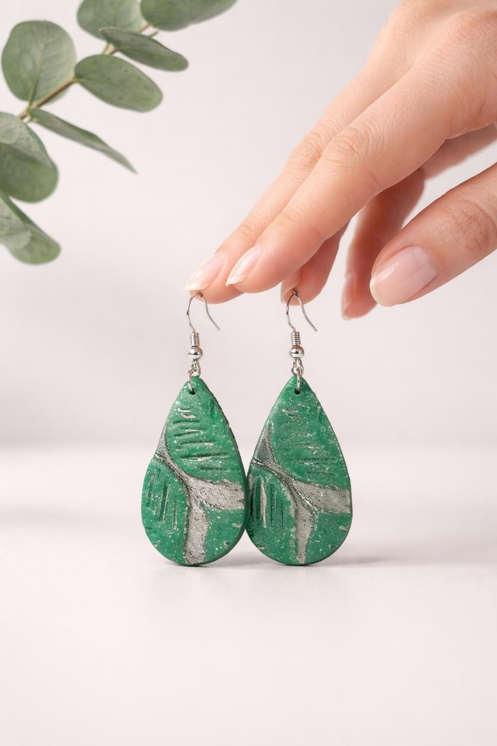Handmade Emerald Earrings, Lightweight Clay Dangles, Teardrop Bohemian Earrings, Unique Gift Idea