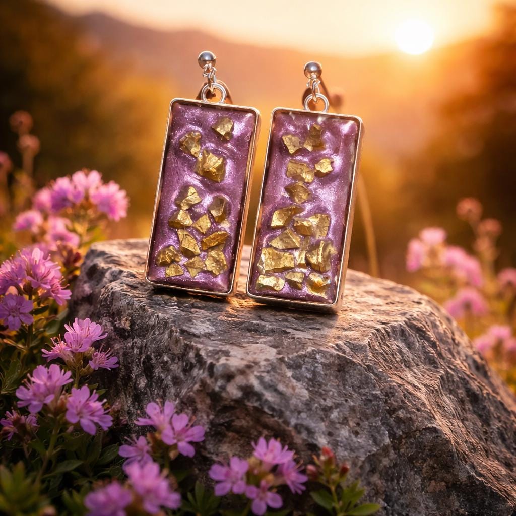 Shimmer Resin and Gold Stone Dangle Earrings