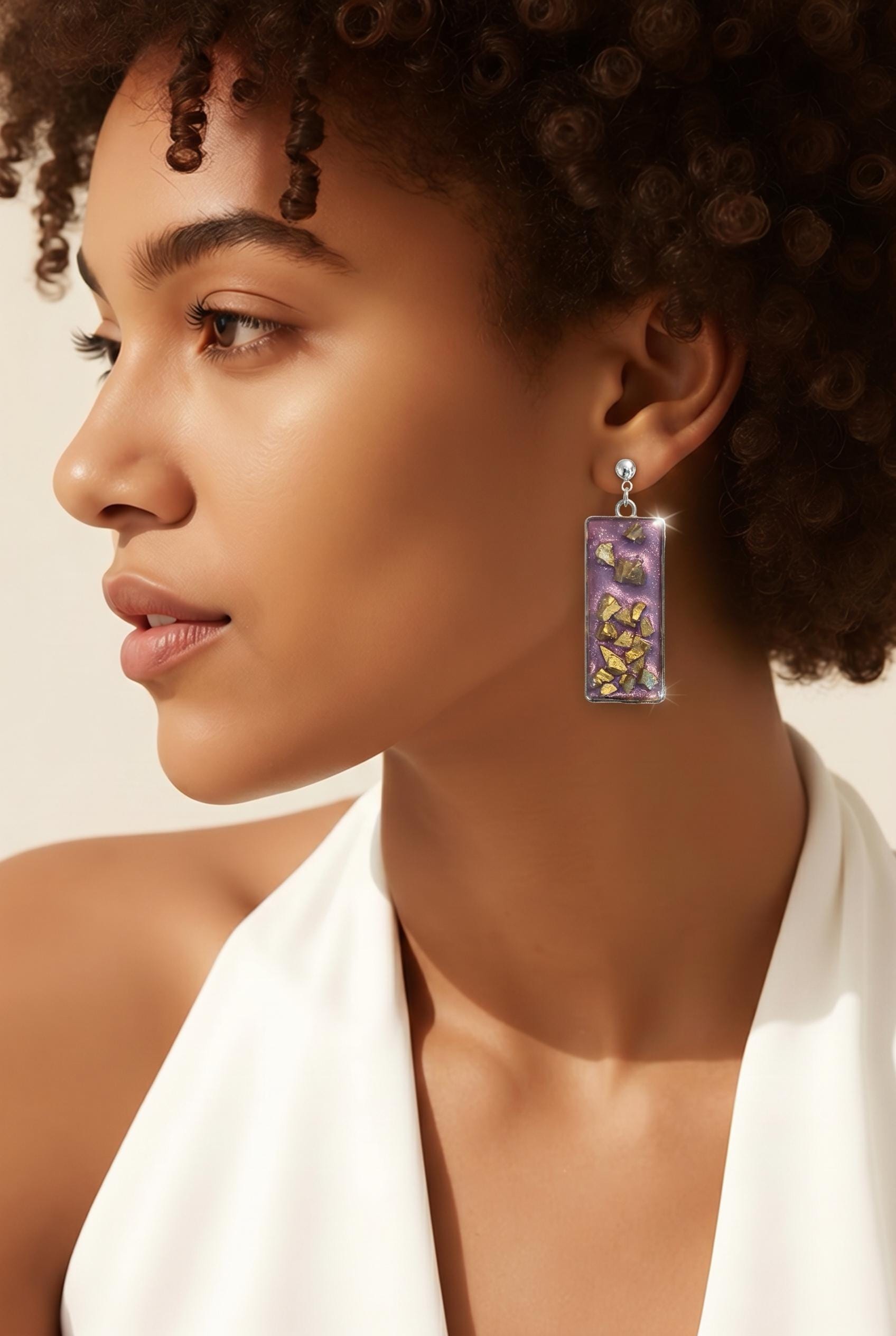 Shimmer Resin and Gold Stone Dangle Earrings